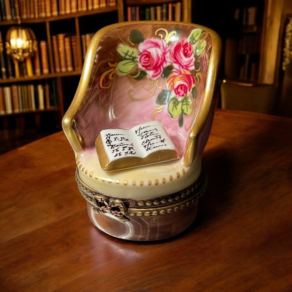 Authentic Limoges Cozy Reading Chair Trinket Box,Ring Box, Pillbox Floral Music